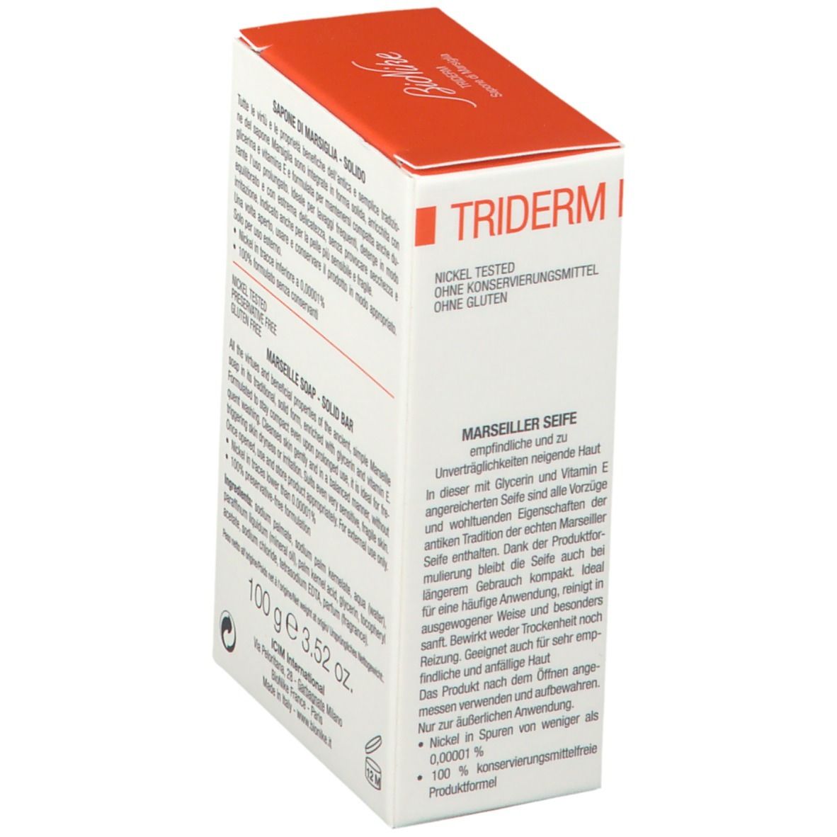 Rückseite der BioNike TRIDERM Seifenverpackung. Text in mehreren Sprachen. 100g, 3.52 oz. Nickel in Spuren, 100% konservierungsmittelfrei.