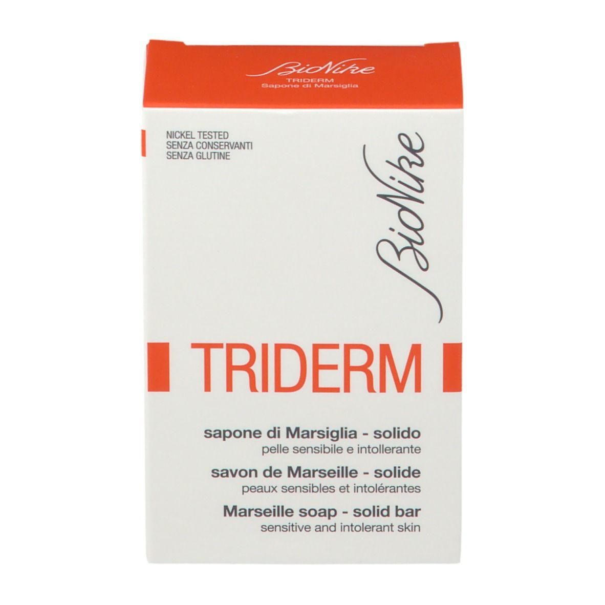 BioNike TRIDERM Seife in weiß-roter Verpackung. Aufschrift TRIDERM und BioNike. Nickel getestet, ohne Konservierungsstoffe, ohne Gluten.