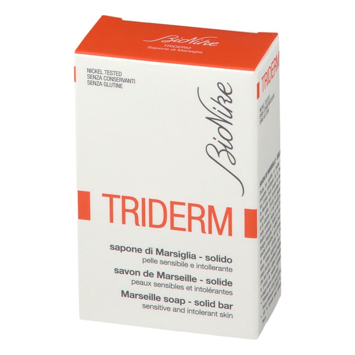 BioNike TRIDERM Seife in weiß-roter Verpackung. Aufschrift TRIDERM und BioNike. Nickel getestet, ohne Konservierungsstoffe, ohne Gluten.