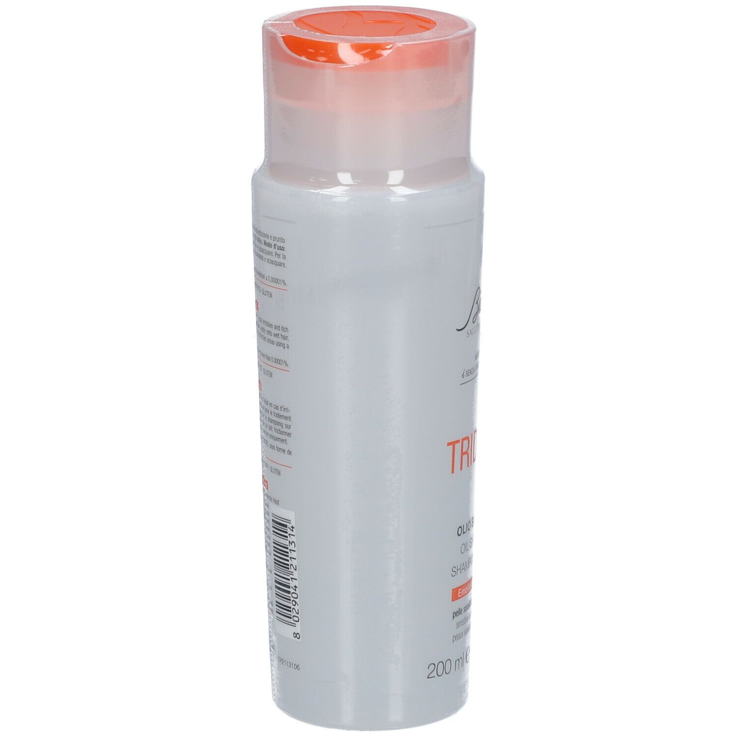 BioNike TRIDERM Shampoo-Olie. Witte fles, zijaanzicht. Tekst: TRIDERM, OIL SHAMPOO, 200 ml. Label met tekst.