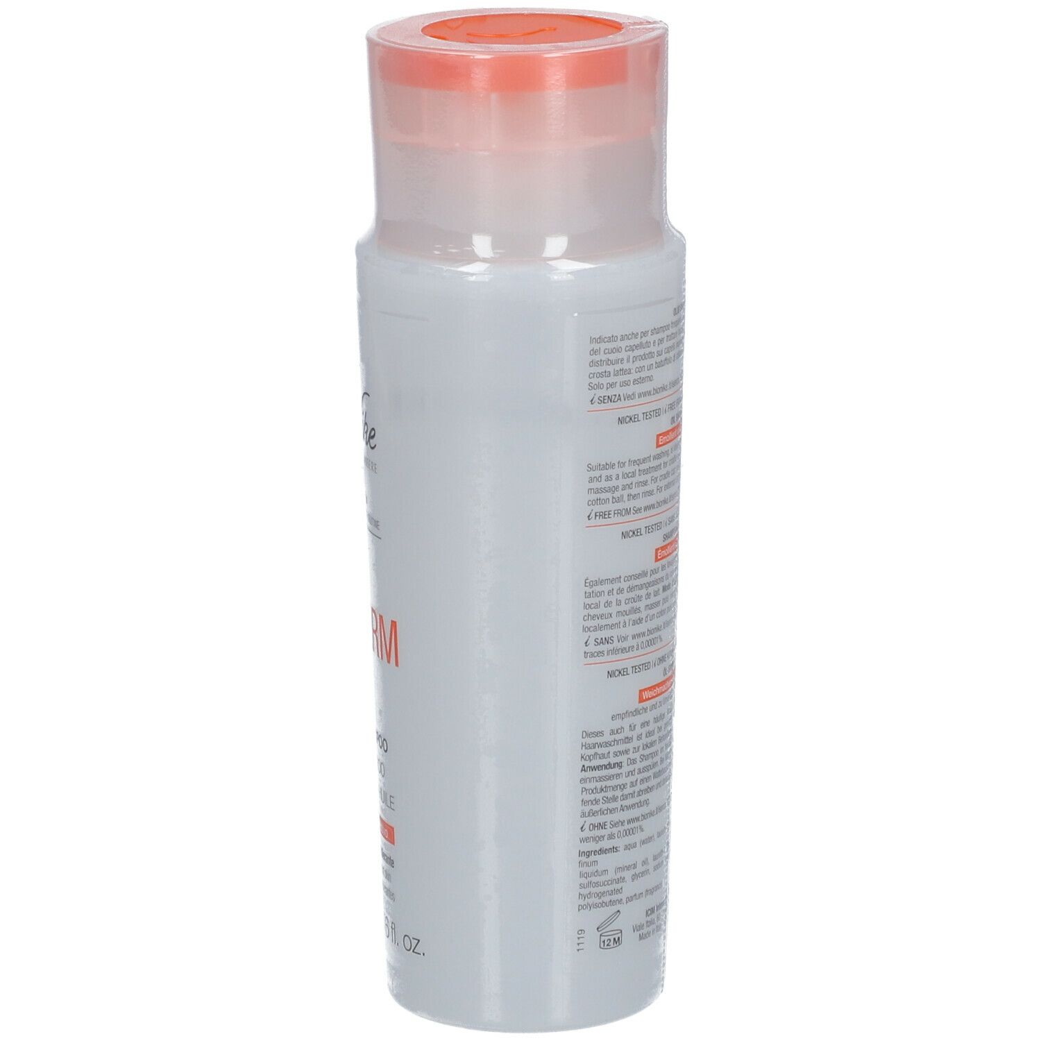 BioNike TRIDERM Shampoo-Olie. Witte fles, zijaanzicht. Tekst: TRIDERM, OIL SHAMPOO, 200 ml. Label met tekst.