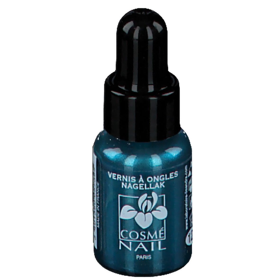 Flacon de vernis à ongles turquoise avec bouchon noir. Inscription : COSMÈ NAIL PARIS. Flacon avec compte-gouttes.