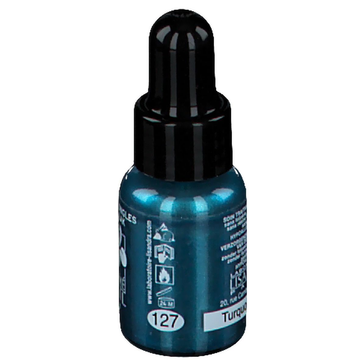 Flacon de vernis à ongles turquoise avec bouchon noir. Inscription : 127, Turquoise. Flacon avec compte-gouttes.