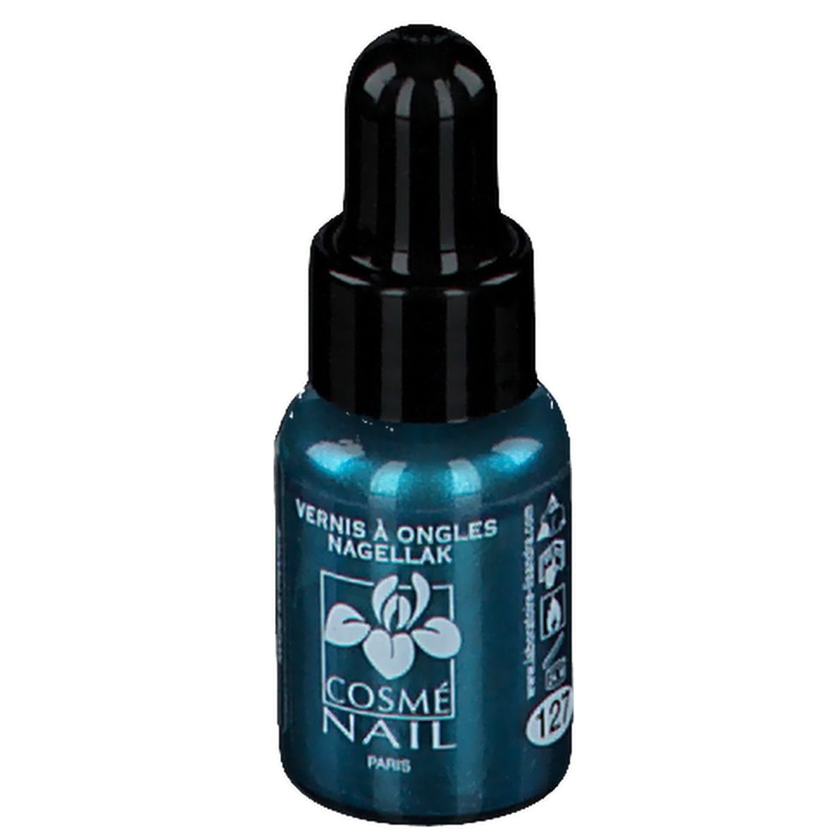 Flacon de vernis à ongles turquoise avec bouchon noir. Inscription : COSMÈ NAIL PARIS, 127. Flacon avec compte-gouttes.