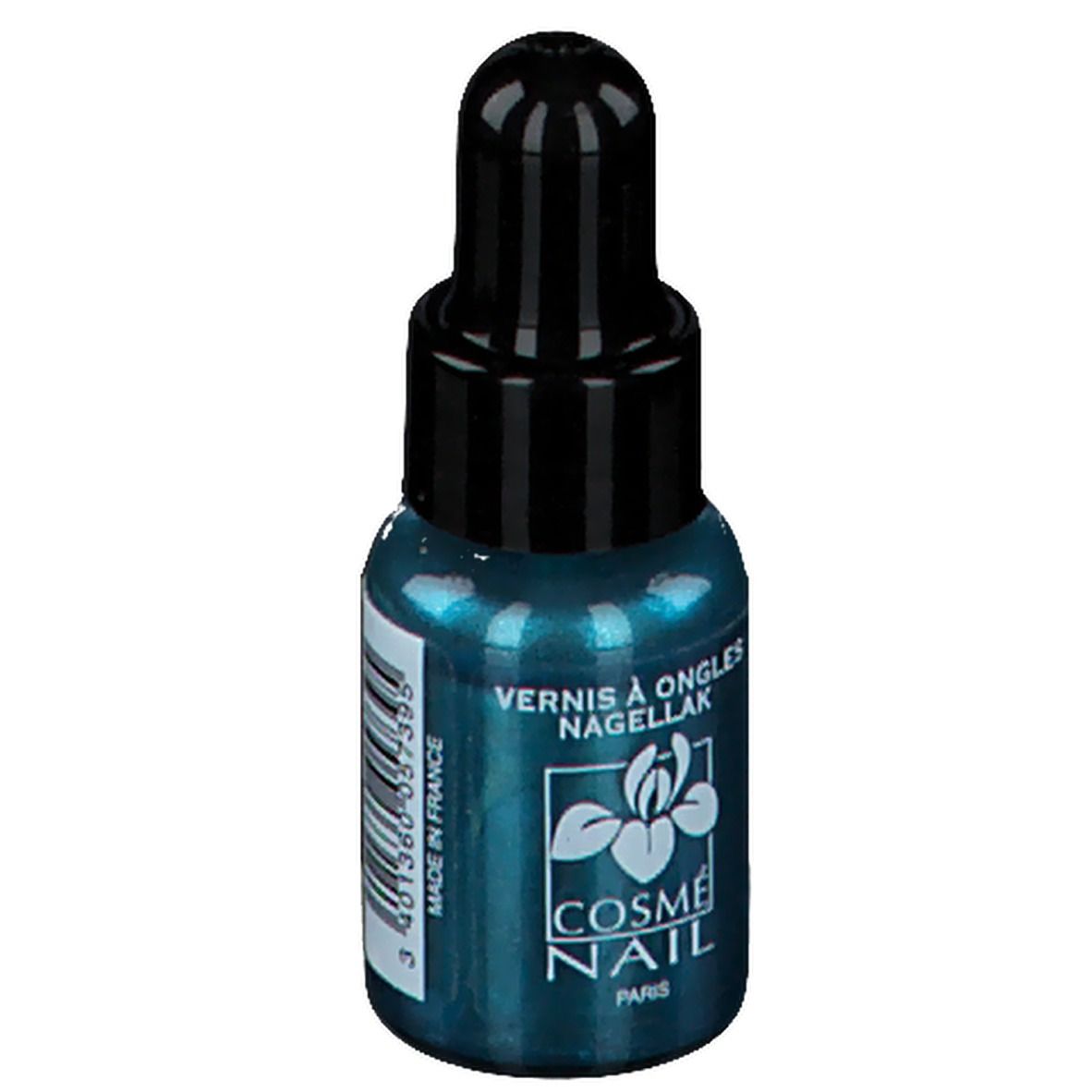 Flacon de vernis à ongles turquoise avec bouchon noir. Inscription : COSMÈ NAIL PARIS. Flacon avec compte-gouttes. Made in France.
