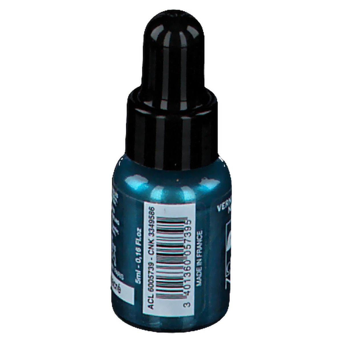 Flacon de vernis à ongles turquoise avec bouchon noir. Inscription : 5ml - 0,16 fl.oz. Made in France. Flacon avec compte-gouttes.
