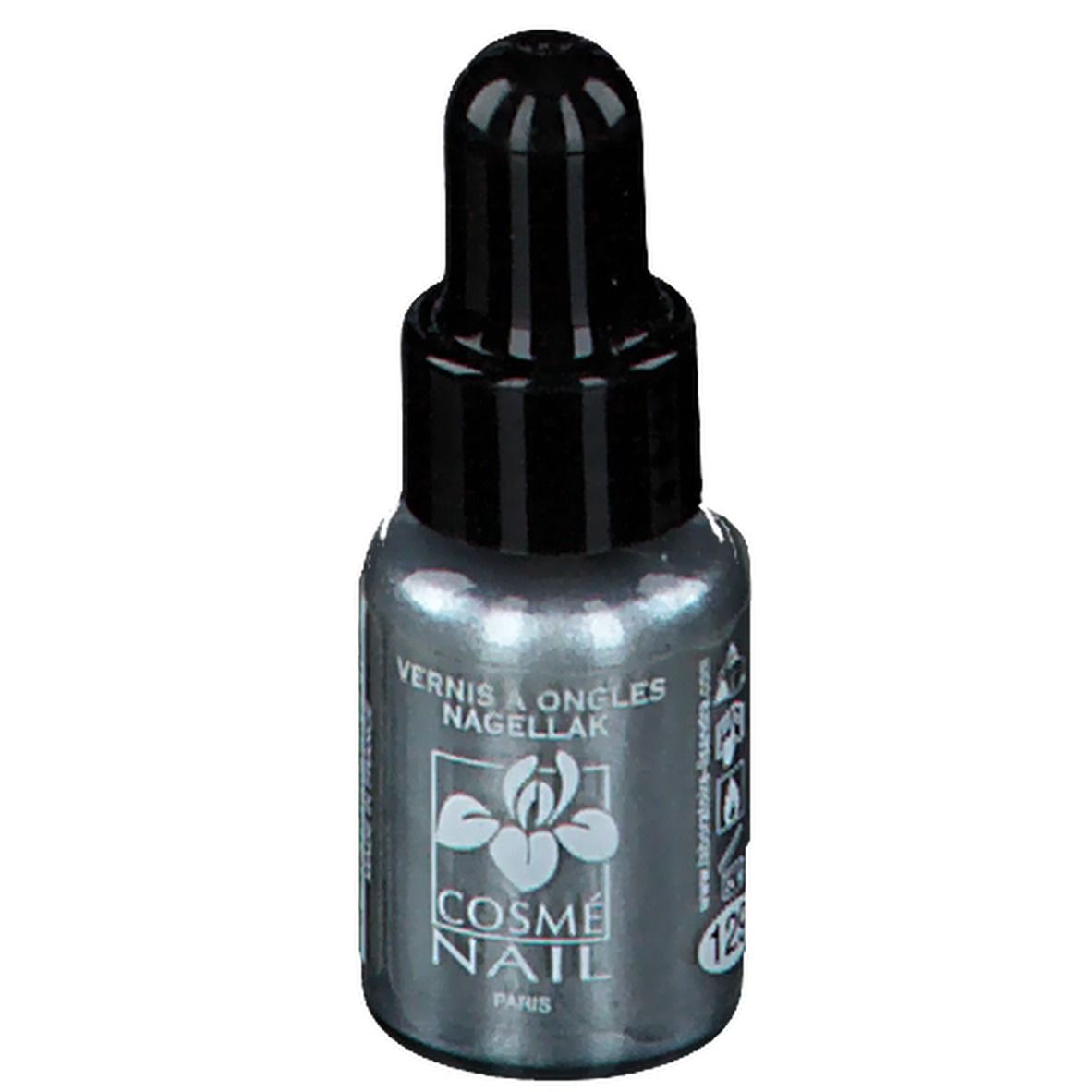 Nagellakflesje met zwarte dop. Opschrift: COSMÈ NAIL PARIS. Kleur 129.