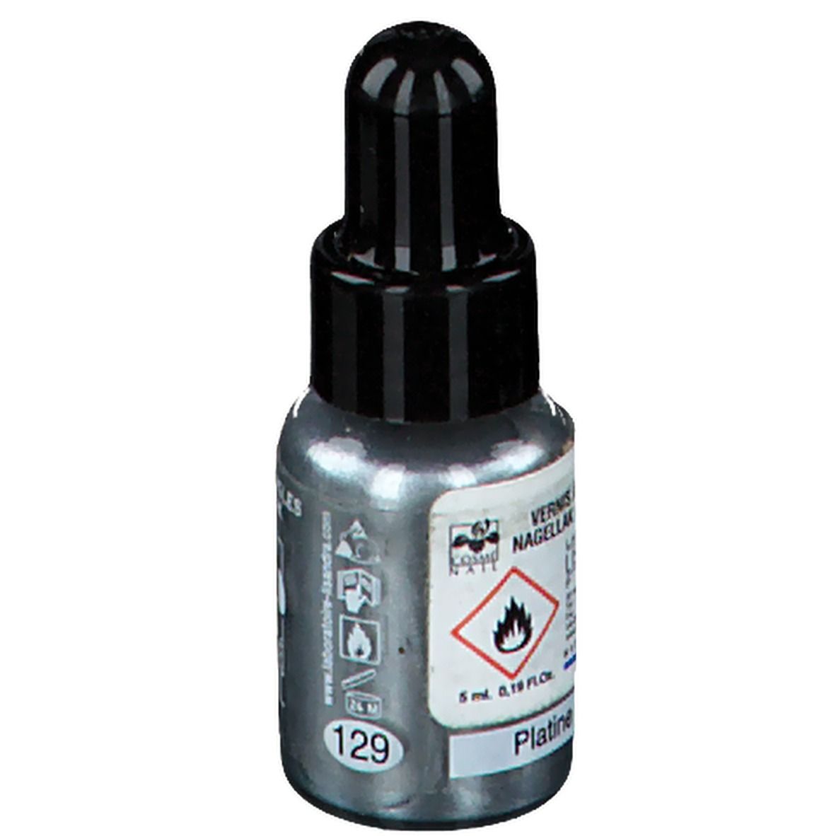 Nagellakflesje met zwarte dop. Opschrift: Vernis à ongles. Kleur: Platine. Volume: 5 ml.
