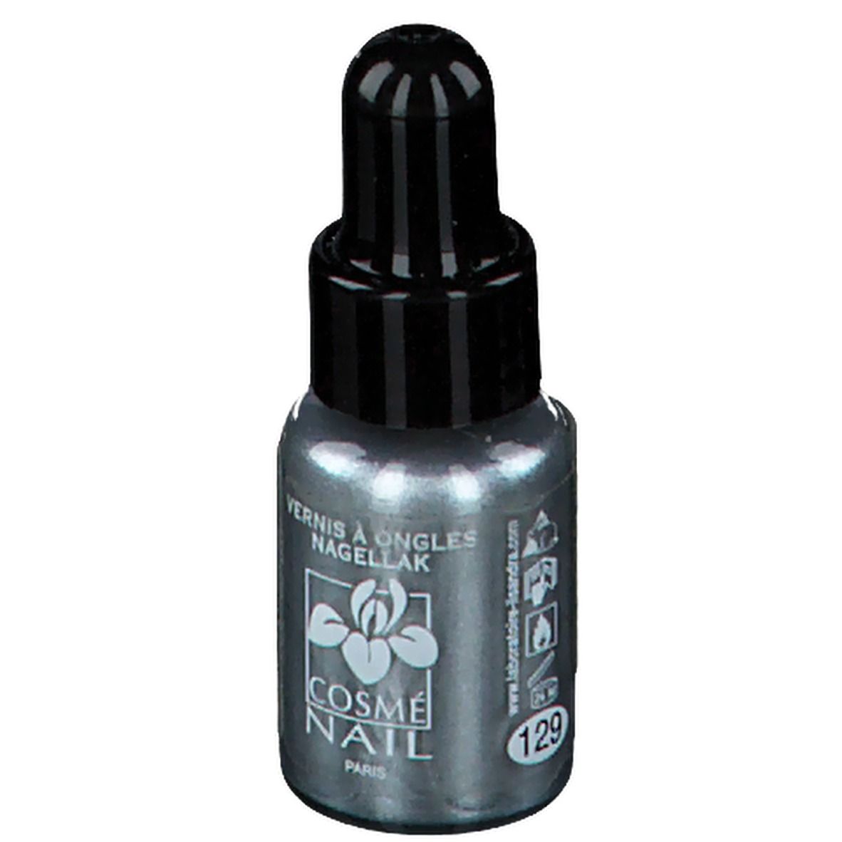 Nagellakflesje met zwarte dop. Opschrift: COSMÈ NAIL PARIS. Kleur 129.