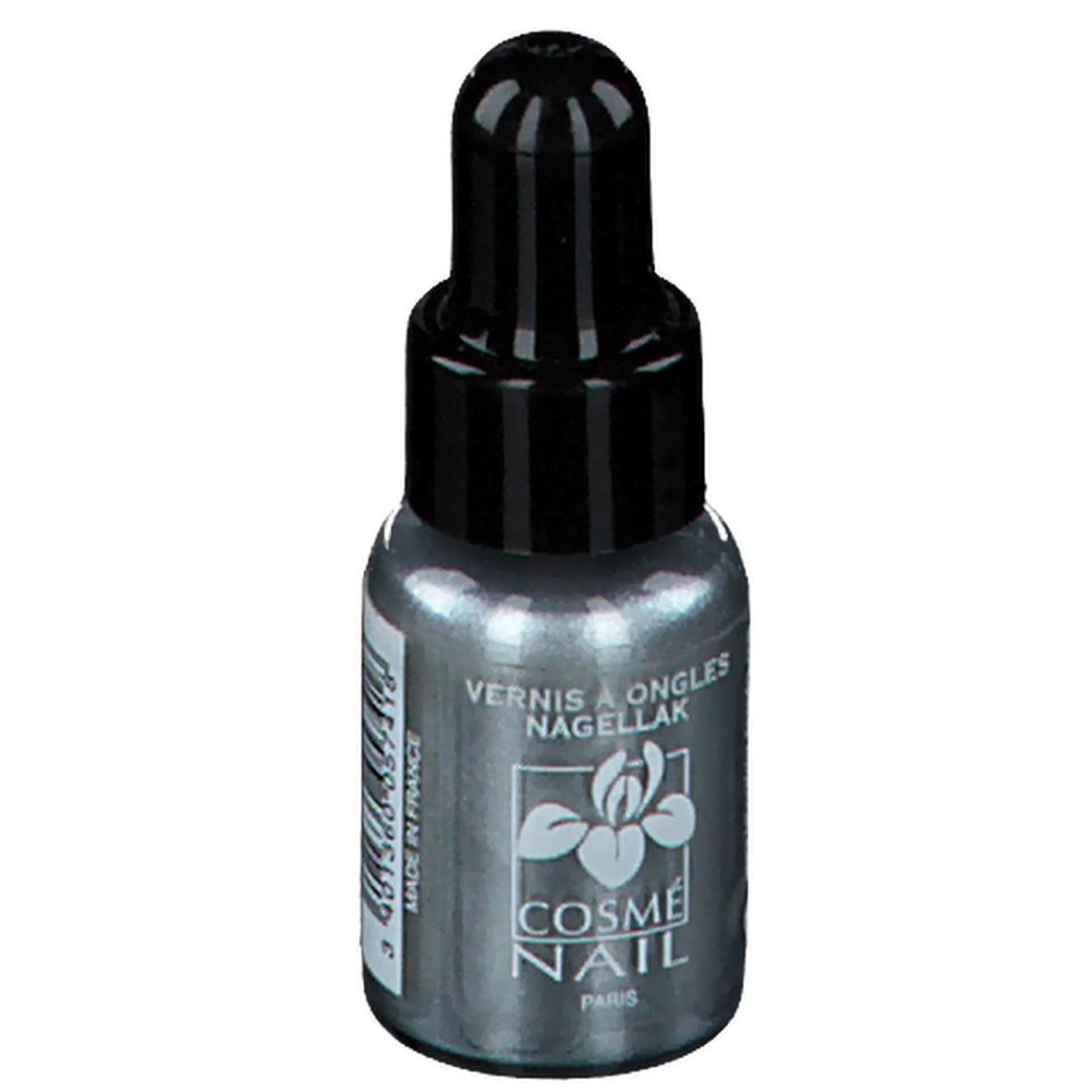 Nagellakflesje met zwarte dop. Opschrift: COSMÈ NAIL PARIS. Kleur 129.