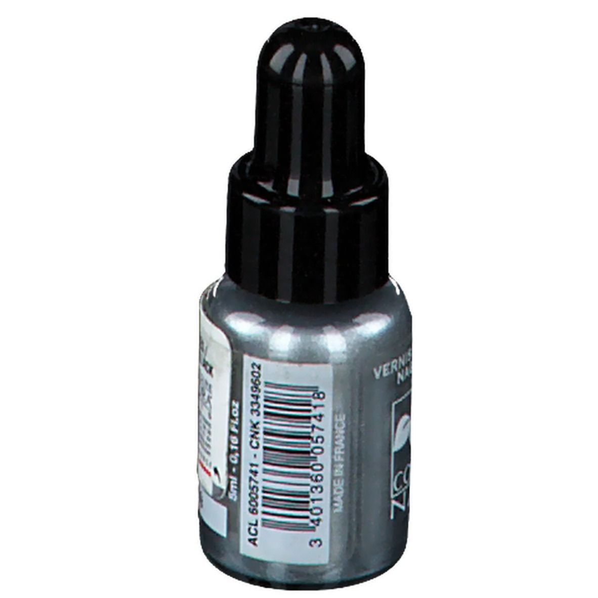 Nagellakflesje met zwarte dop. Opschrift: Vernis à ongles. Volume: 5ml. Barcode.