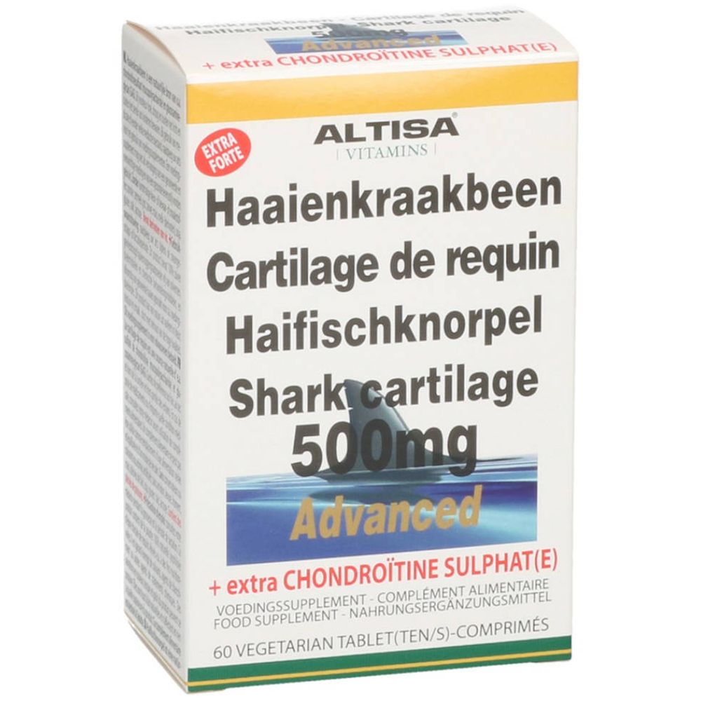Verpakking van ALTISA® Haifischknorpel 500 mg Advanced. Witte doos met productnaam en logo. Bevat 60 tabletten.