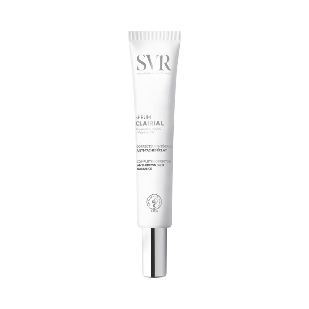 Tube de sérum blanc à embout argenté. Inscriptions: SVR, Clairial Serum, Correcteur anti-taches éclat.
