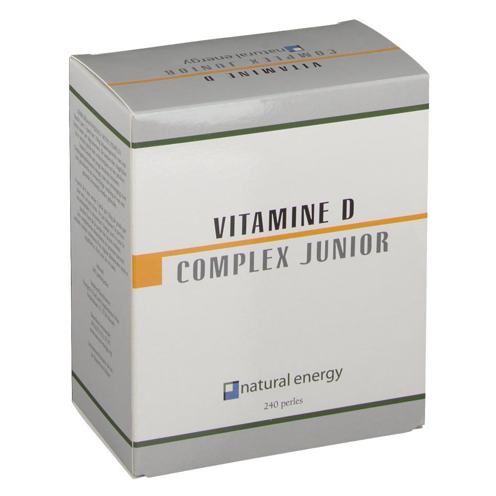 Doos met 'VITAMINE D COMPLEX JUNIOR' en 'natural energy'. Grijze deksel, gele streep. 240 parels.