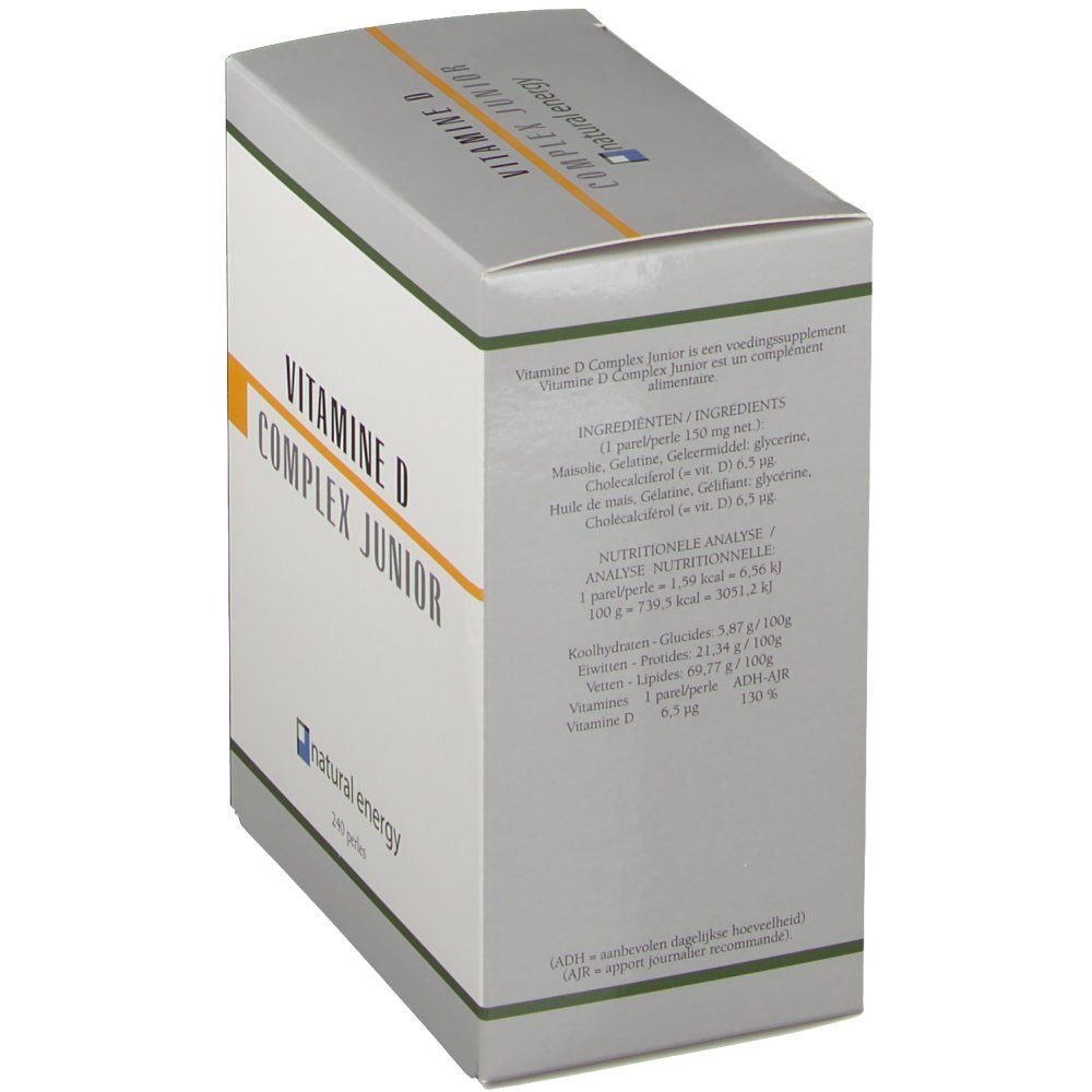 Doos, zijaanzicht. 'VITAMINE D COMPLEX JUNIOR' en 'natural energy'. Informatie over ingrediënten en voedingswaarde.