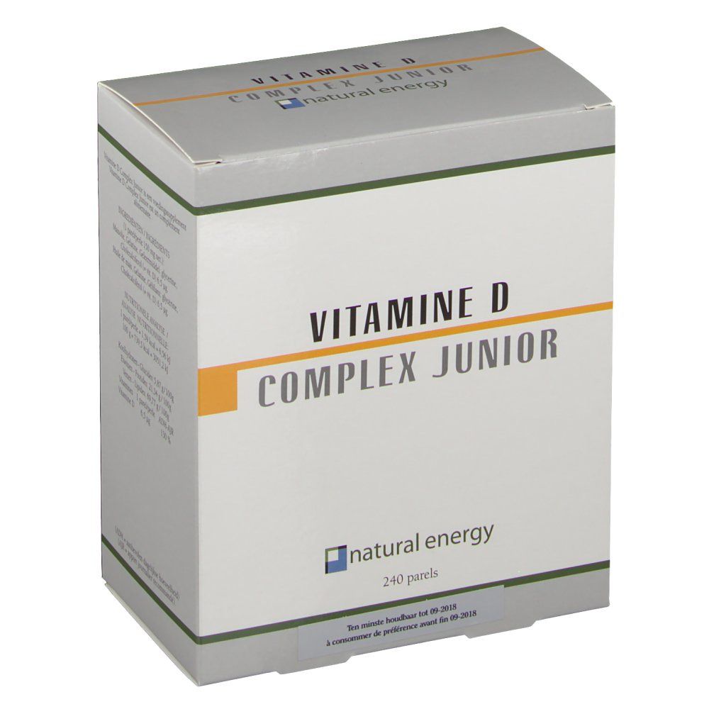 Doos met 'VITAMINE D COMPLEX JUNIOR' en 'natural energy'. Gele streep, 240 parels. Grijze deksel.