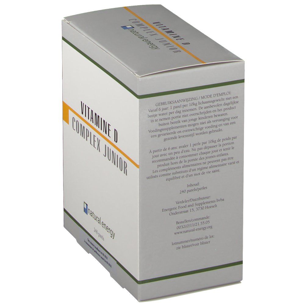 Doos, zijaanzicht. 'VITAMINE D COMPLEX JUNIOR' en 'natural energy'. Gebruiksaanwijzing en voedingswaarde-informatie.