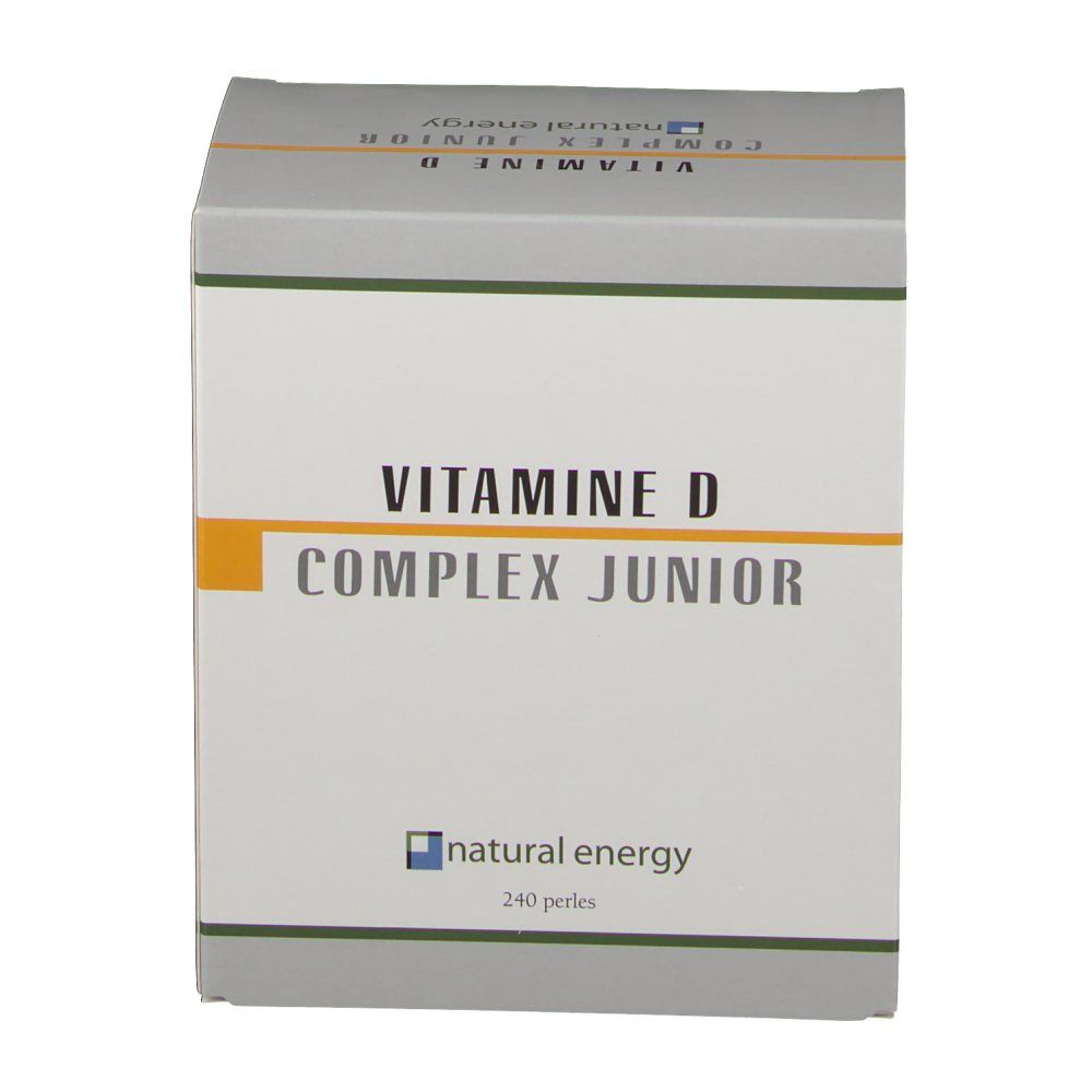 Doos met 'VITAMINE D COMPLEX JUNIOR' en 'natural energy'. 240 parels. Wit, geel en grijs.