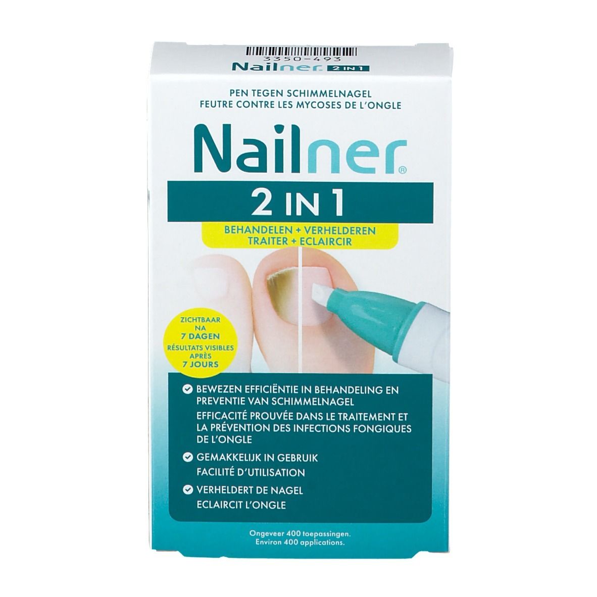 Vooraanzicht van de Nailner 2 in 1 verpakking. Productafbeelding en tekst. Bevat een pen voor de behandeling van schimmelnagels.
