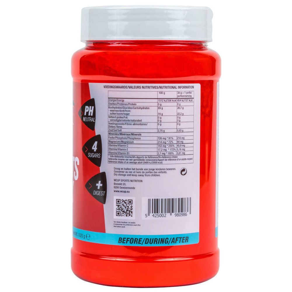 Pot rouge avec couvercle blanc. Dos avec informations nutritionnelles. Texte en néerlandais. Code QR et code-barres.