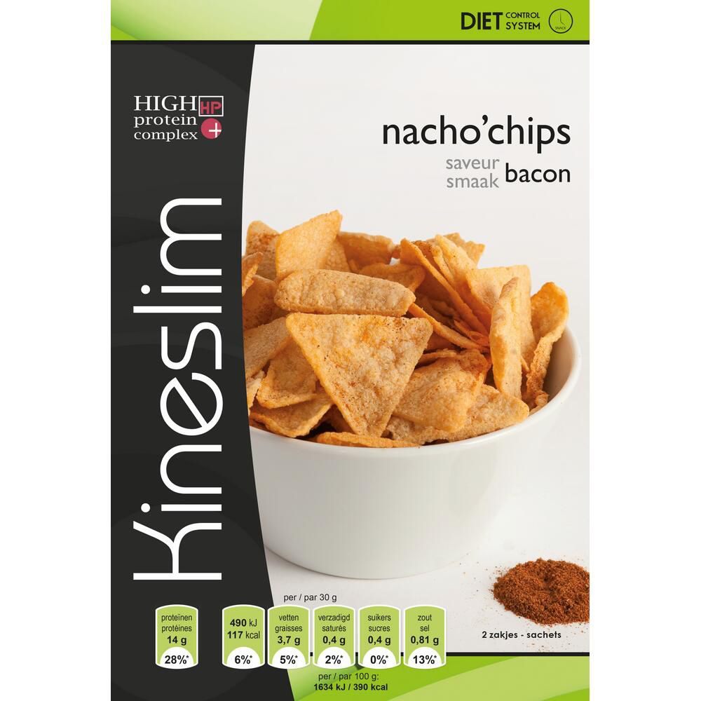 Chips Nachos Bacon Kineslim dans un bol. Inscription: High Protein Complex, Diet Control System. Informations nutritionnelles.