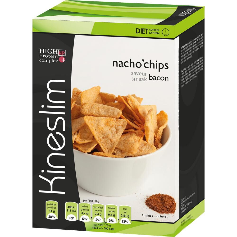 Chips Nachos Bacon Kineslim en boîte. Inscription: High Protein Complex, Diet Control System. Produit en bol.