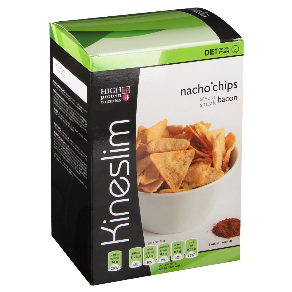 Chips Nachos Bacon Kineslim en boîte. Inscription: High Protein Complex, Diet Control System. Produit en bol.
