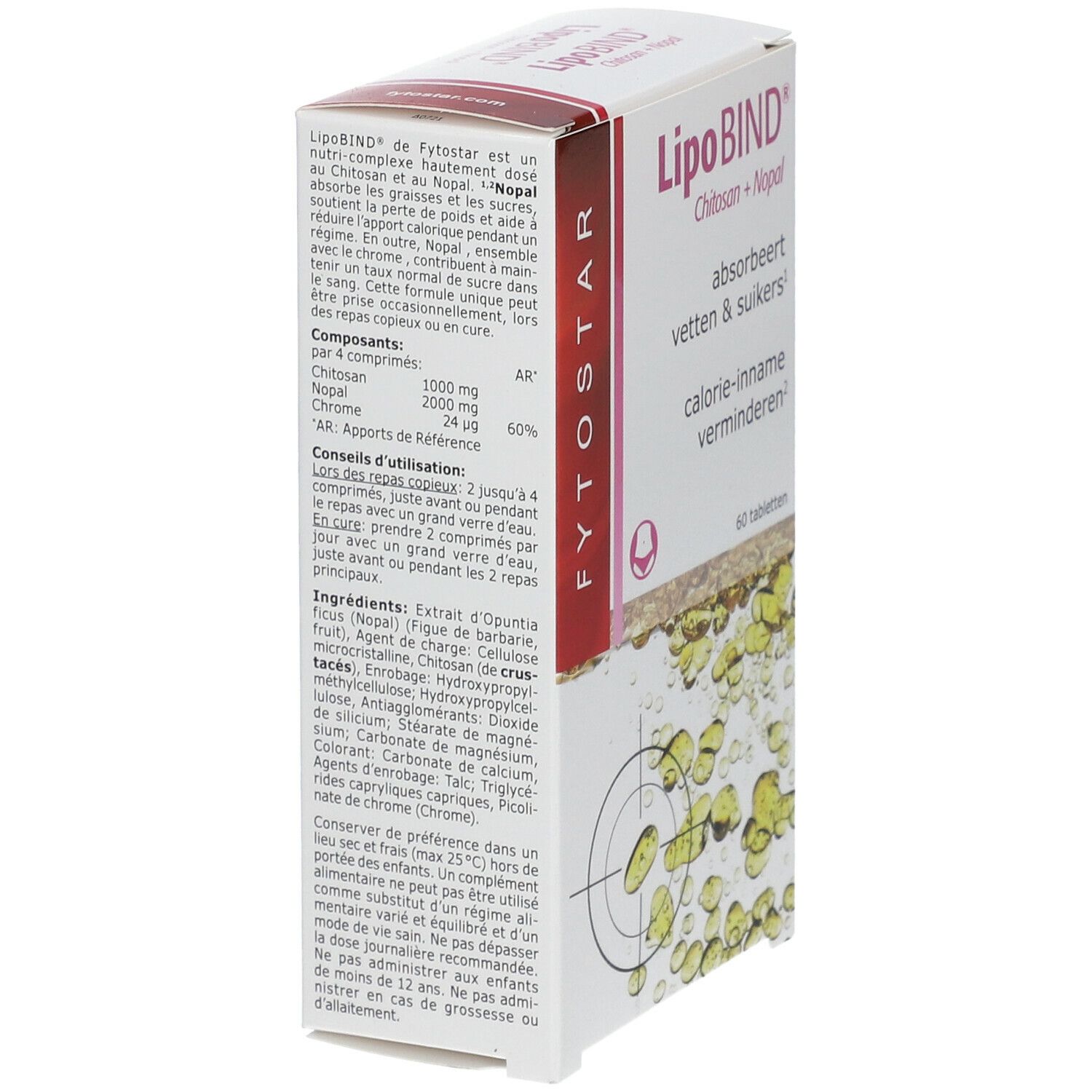 Boîte de LipoBIND® Chitosan + Nopal, vue latérale. Contient 60 comprimés. Texte : absorbe les graisses et les sucres.