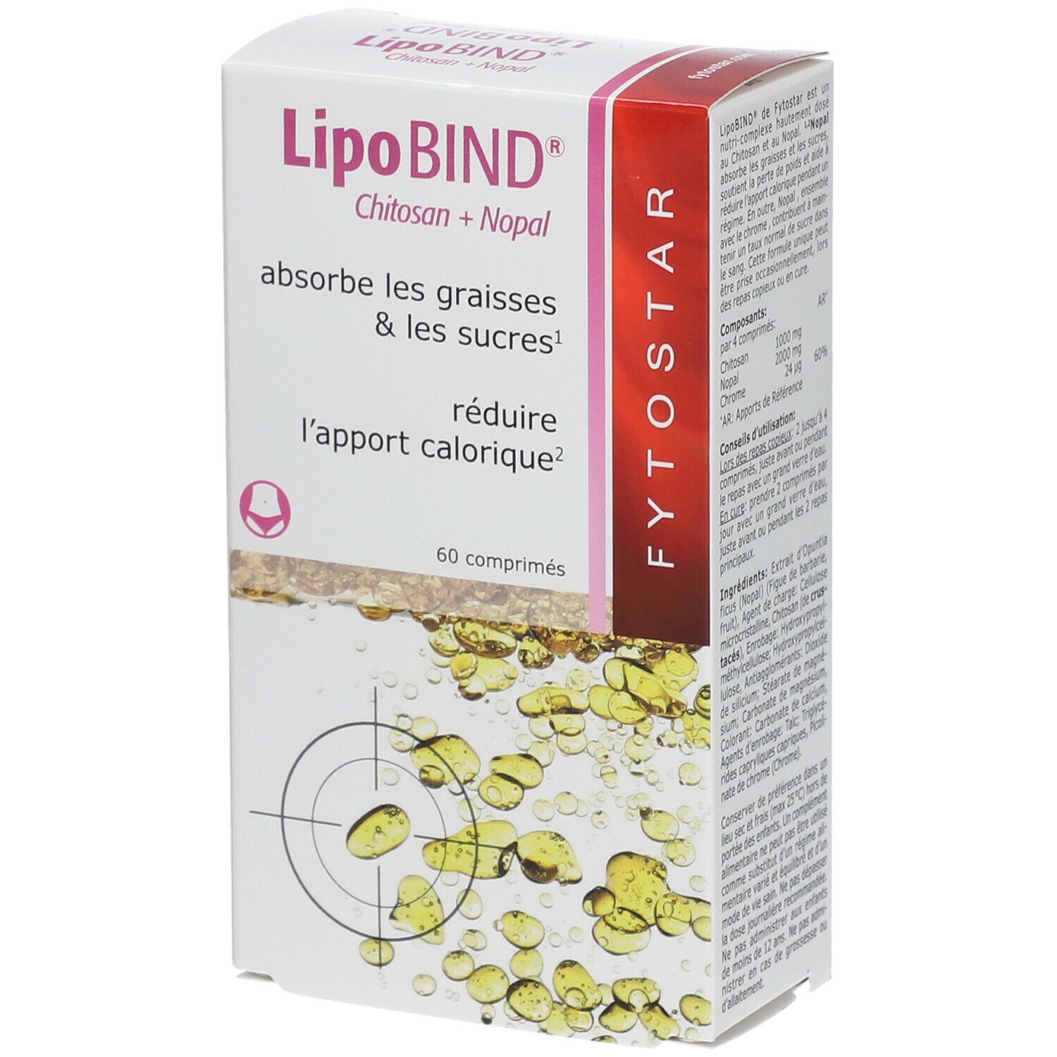 Boîte de LipoBIND® Chitosan + Nopal. Contient 60 comprimés. Inscription : absorbe les graisses et les sucres, réduit l'apport calorique.