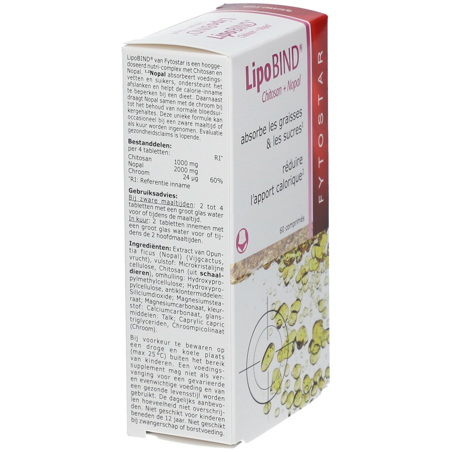 Boîte de LipoBIND® Chitosan + Nopal, vue latérale. Contient 60 comprimés. Texte : absorbe les graisses et les sucres, réduit l'apport calorique.