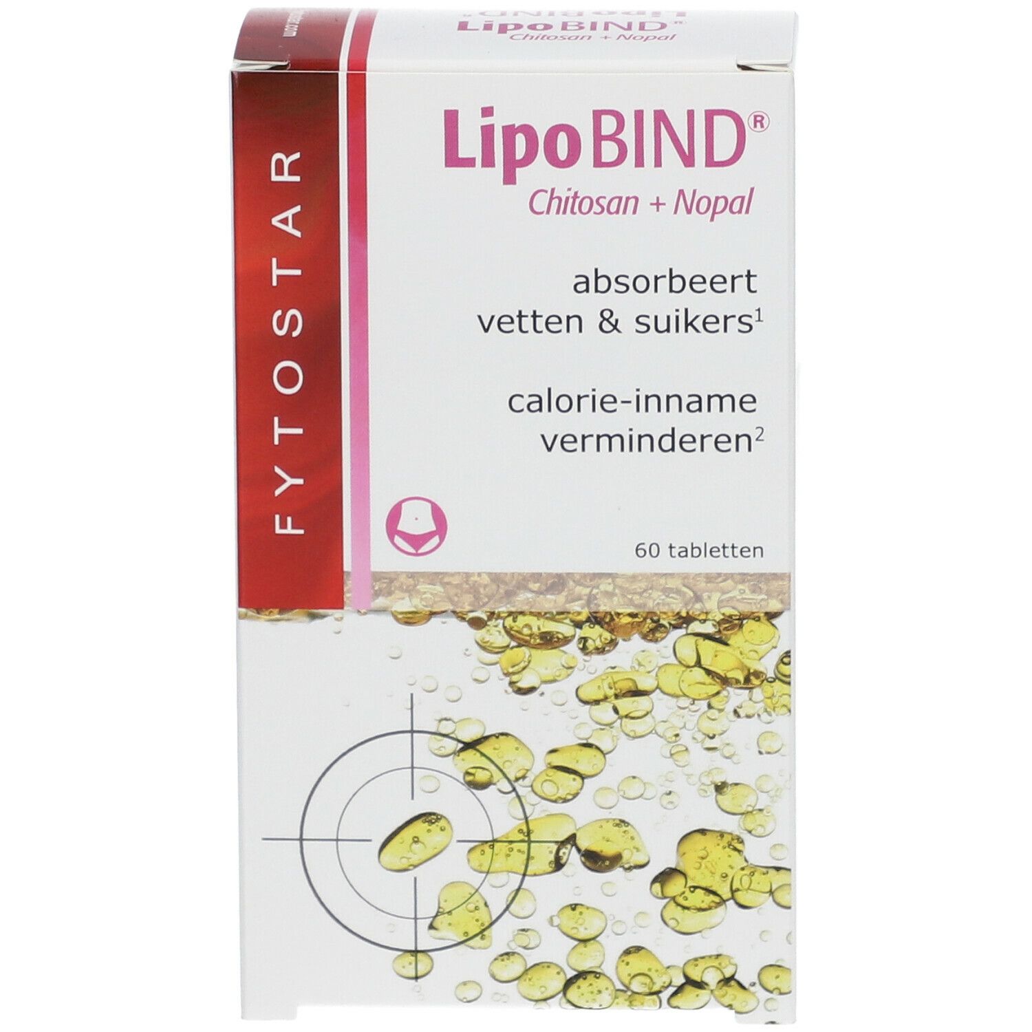 Boîte de LipoBIND® Chitosan + Nopal. Contient 60 comprimés. Inscription : absorbe les graisses et les sucres, réduit l'apport calorique.