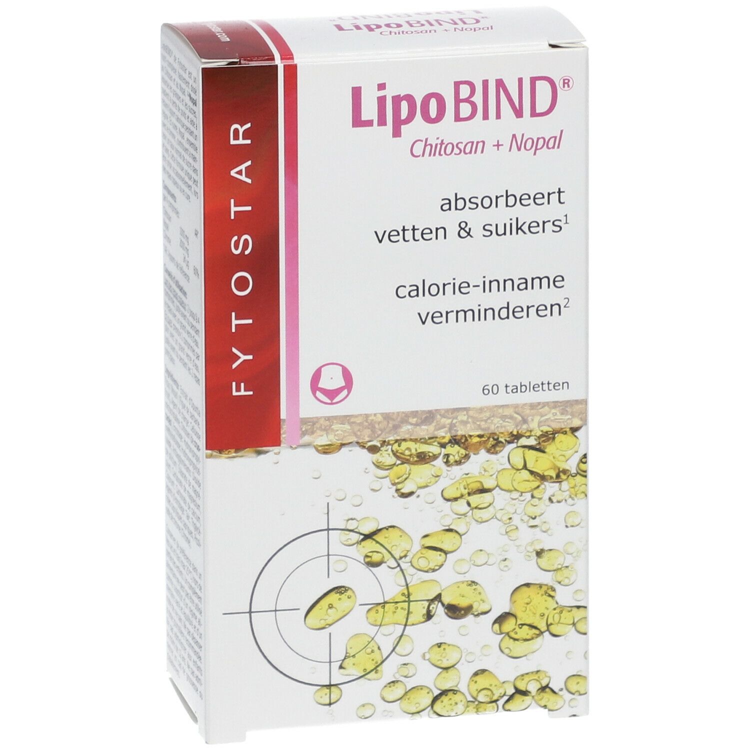 Boîte de LipoBIND® Chitosan + Nopal. Contient 60 comprimés. Inscription : absorbe les graisses et les sucres, réduit l'apport calorique.