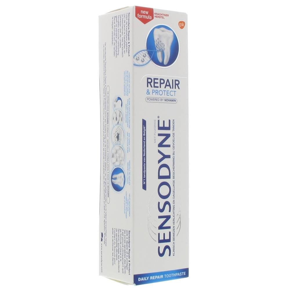 Tandpasta verpakking. Wit-blauwe doos met productnaam en illustratie van een tand. Er staat "Repair & Protect" op.