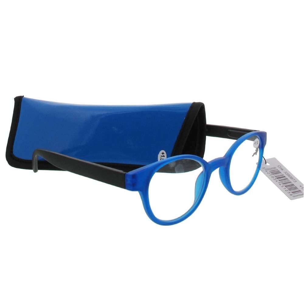 Blauwe bril met ronde glazen en zwarte pootjes. In blauwe etui. Label met tekst.