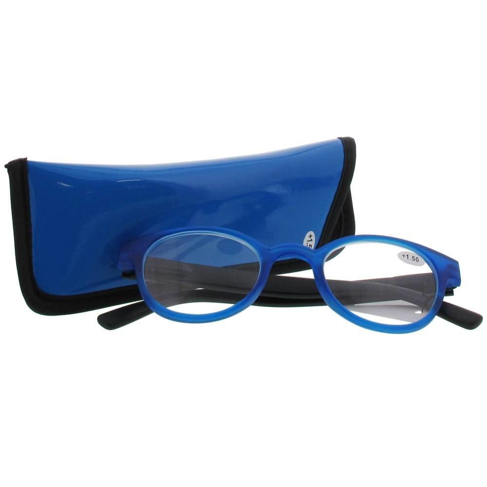 Blauwe bril met ronde glazen en zwarte pootjes. Ligt naast blauwe etui.