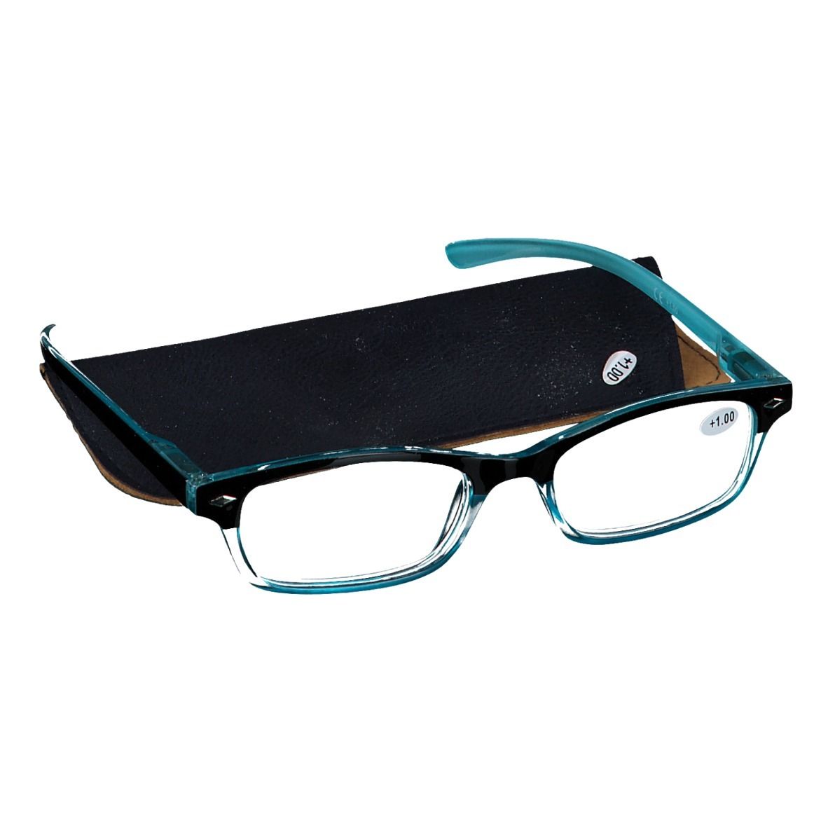 Bril met blauw-zwart montuur en etui. Op het glas staat +1.00. De etui is zwart met bruine rand.