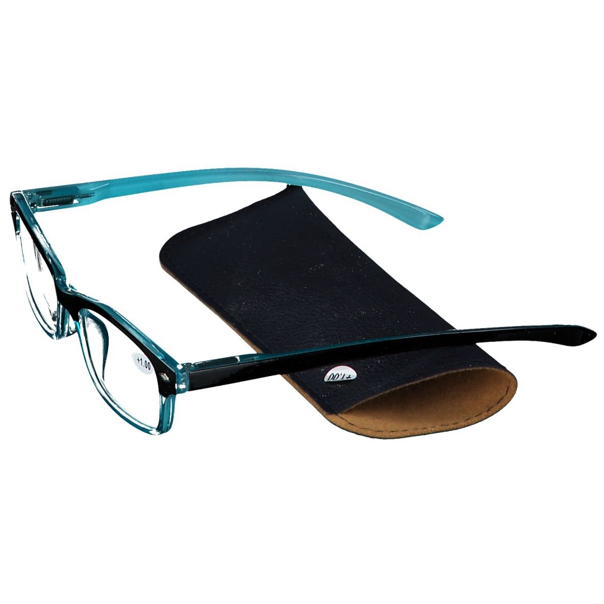 Bril met blauw-zwart montuur en etui. Op het glas staat +1.00. De etui is zwart met bruine rand.