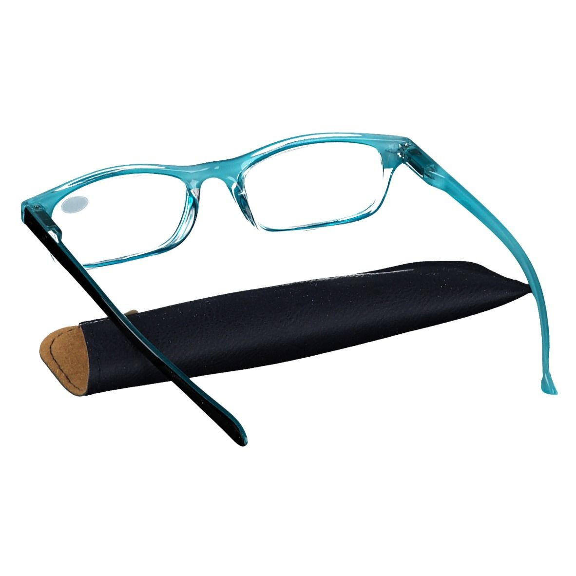 Bril met blauw-zwart montuur en etui. Op het glas staat +1.00. De etui is zwart met bruine rand.