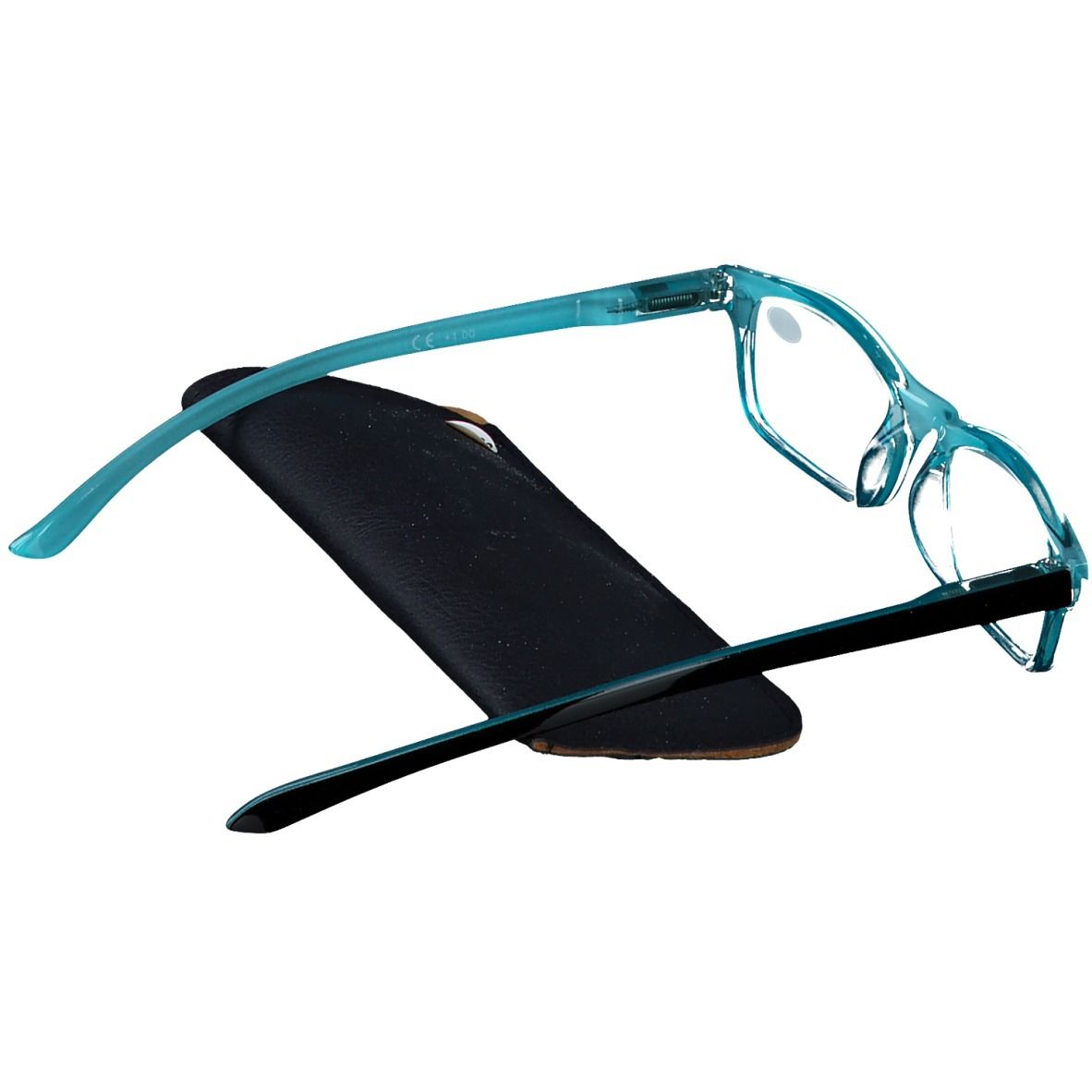 Bril met blauw-zwart montuur en etui. Op het glas staat +1.00. De etui is zwart met bruine rand.