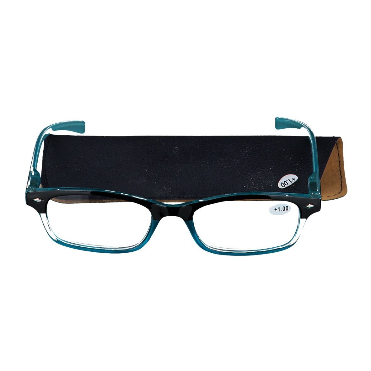Bril met blauw-zwart montuur en etui. Op het glas staat +1.00. De etui is zwart met bruine rand.