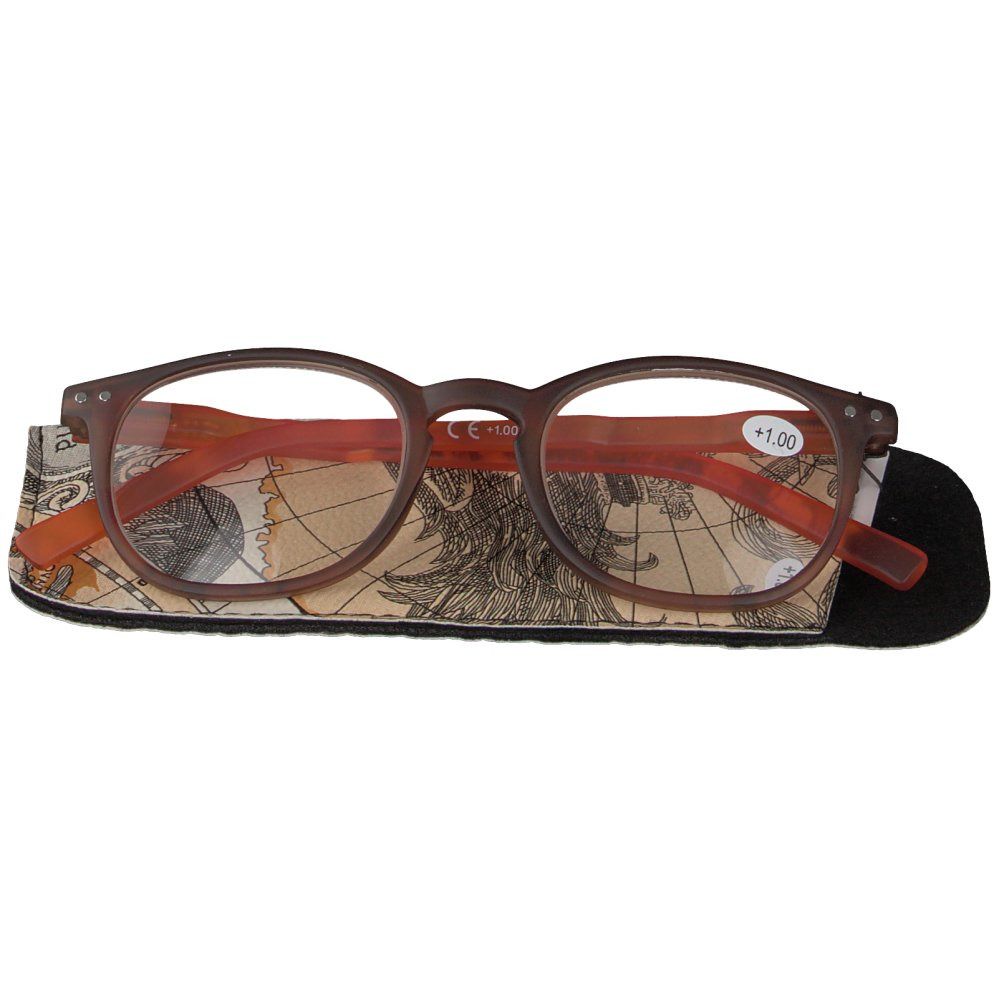 Lunettes orange-brun +1.00, dans étui. Verres ronds, monture marron, branches orange. Étui motif carte du monde.