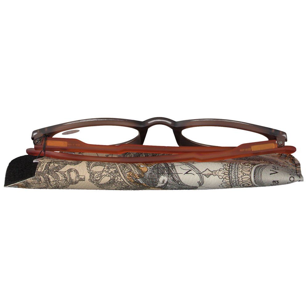 Lunettes orange-brun +1.00, dans étui. Monture marron, branches orange. Étui motif carte du monde. Vue de dessus.