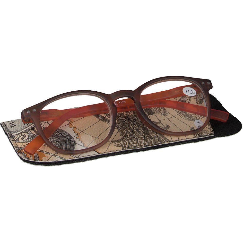 Lunettes orange-brun +1.00, dans étui. Verres ronds, monture marron, branches orange. Étui motif carte du monde.