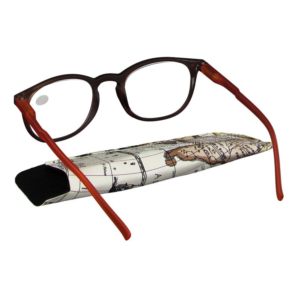 Bruine bril met oranje pootjes. Etui met wereldkaart. +2.50 op het glas.