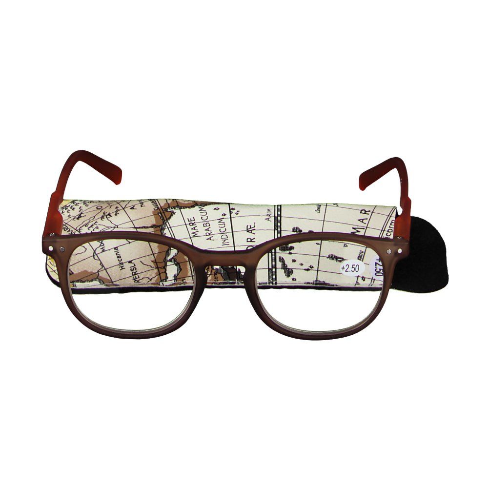 Bruine bril met oranje pootjes. Etui met wereldkaart. +2.50 op het glas.