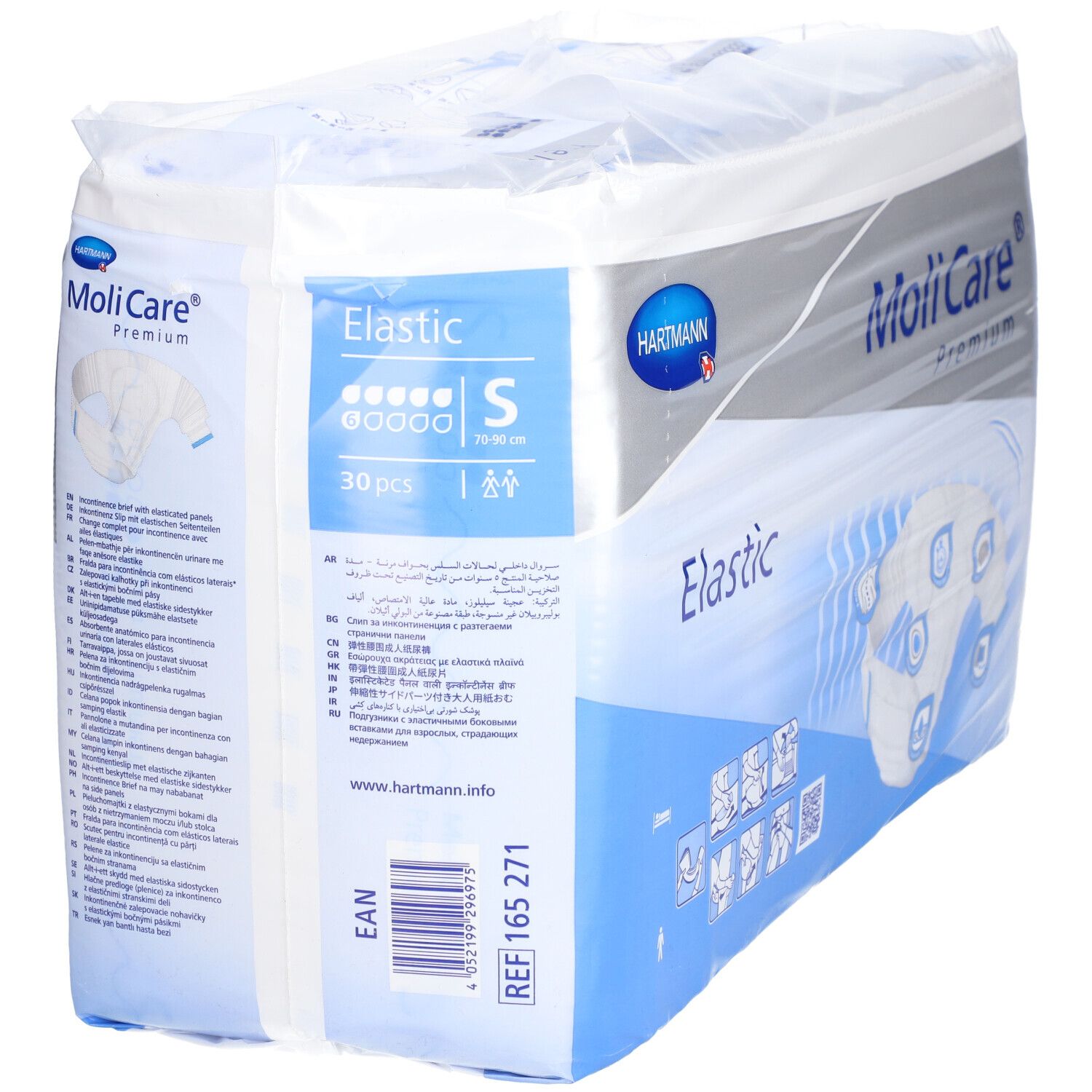 MoliCare® Premium Elastic, emballé. Marque Hartmann. Emballage blanc avec texte bleu. Taille S, 30 pièces.