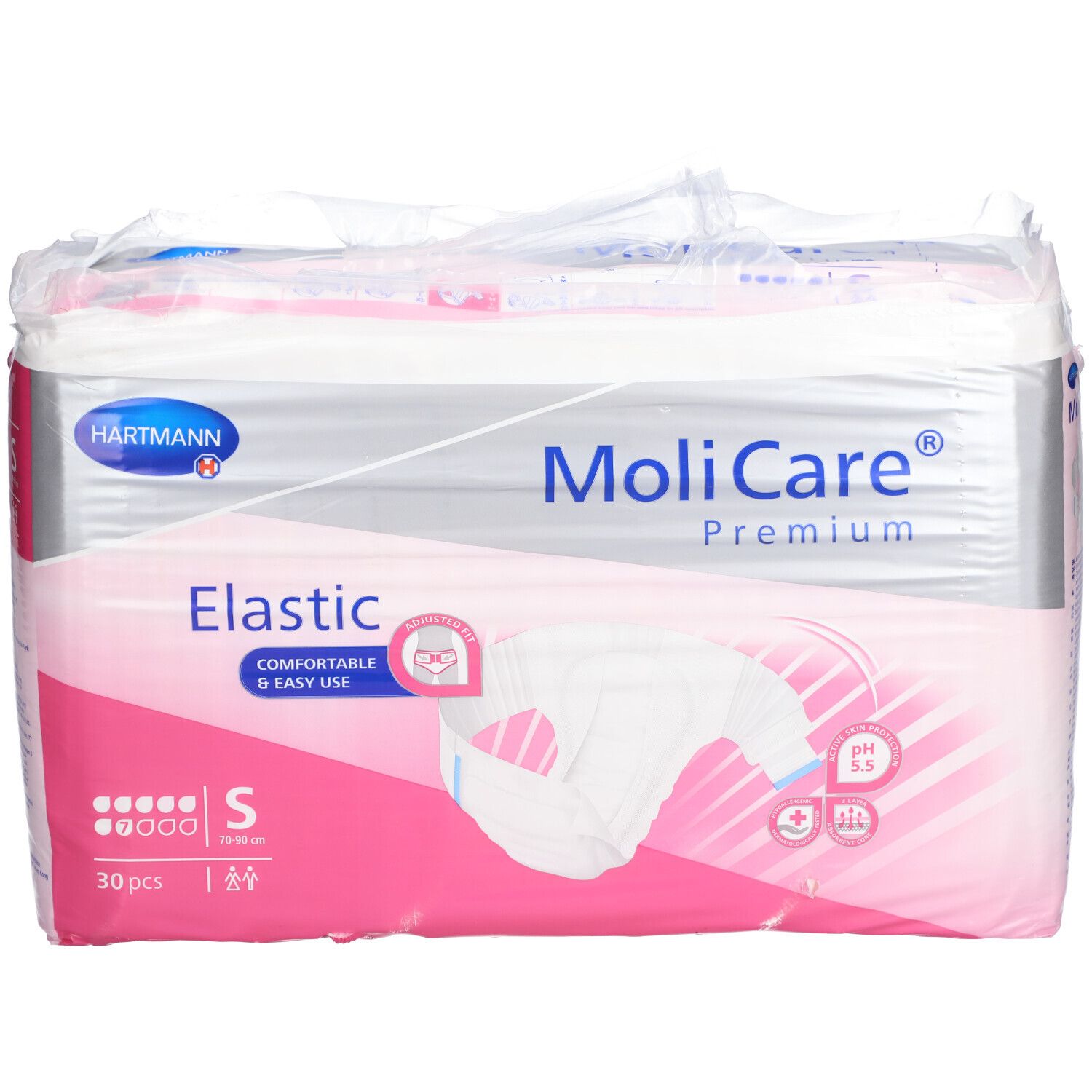 Paquet de MoliCare Premium Elastic, taille S. Emballage rose et blanc. 30 pièces. Illustration du produit et logo.