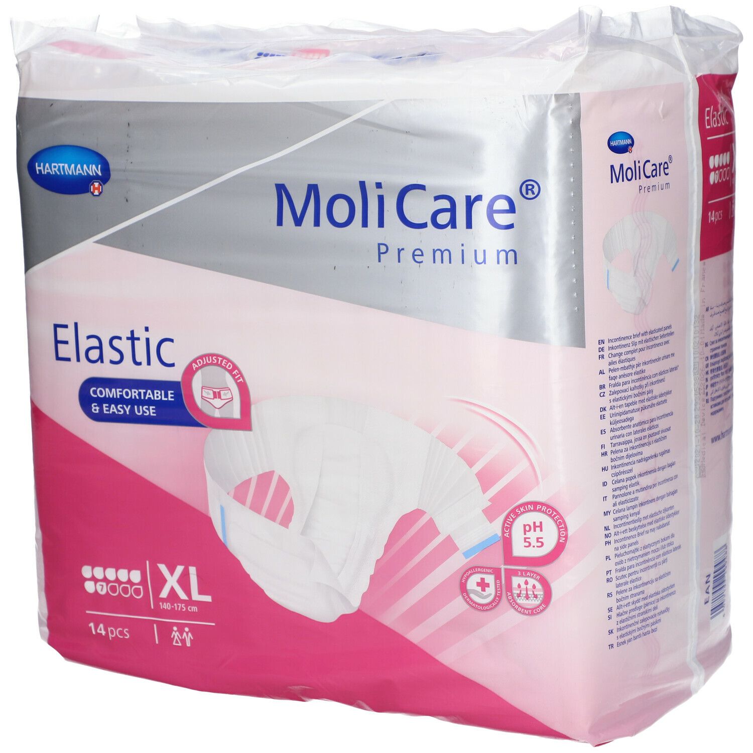 MoliCare Premium Elastic XL, 14 pièces. Emballage avec accents roses. Inscriptions : Elastic, pH 5.5, indication de taille, logo Hartmann.
