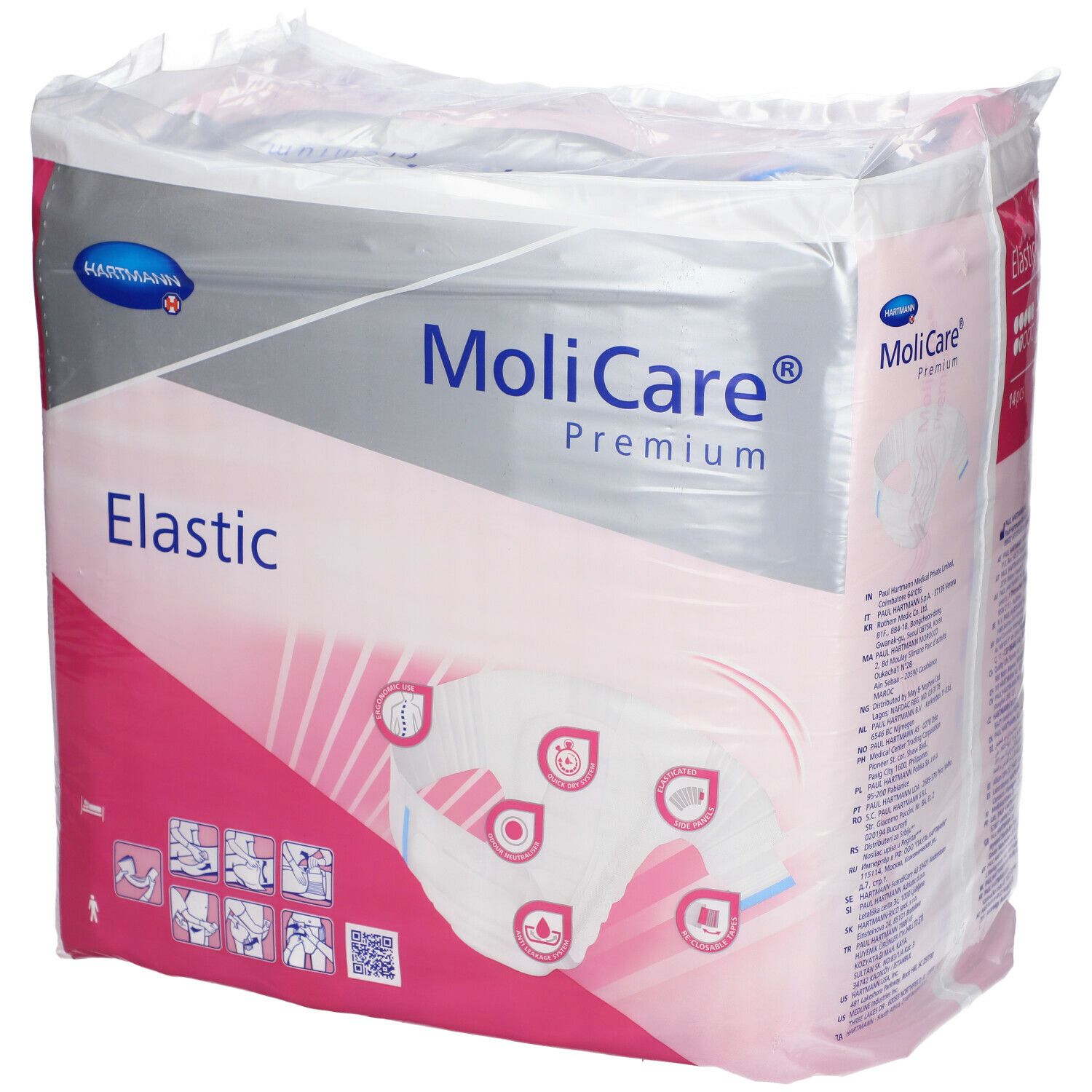 MoliCare Premium Elastic XL, 14 pièces. Emballage avec accents roses. Inscriptions : Elastic, pH 5.5, indication de taille, logo Hartmann.