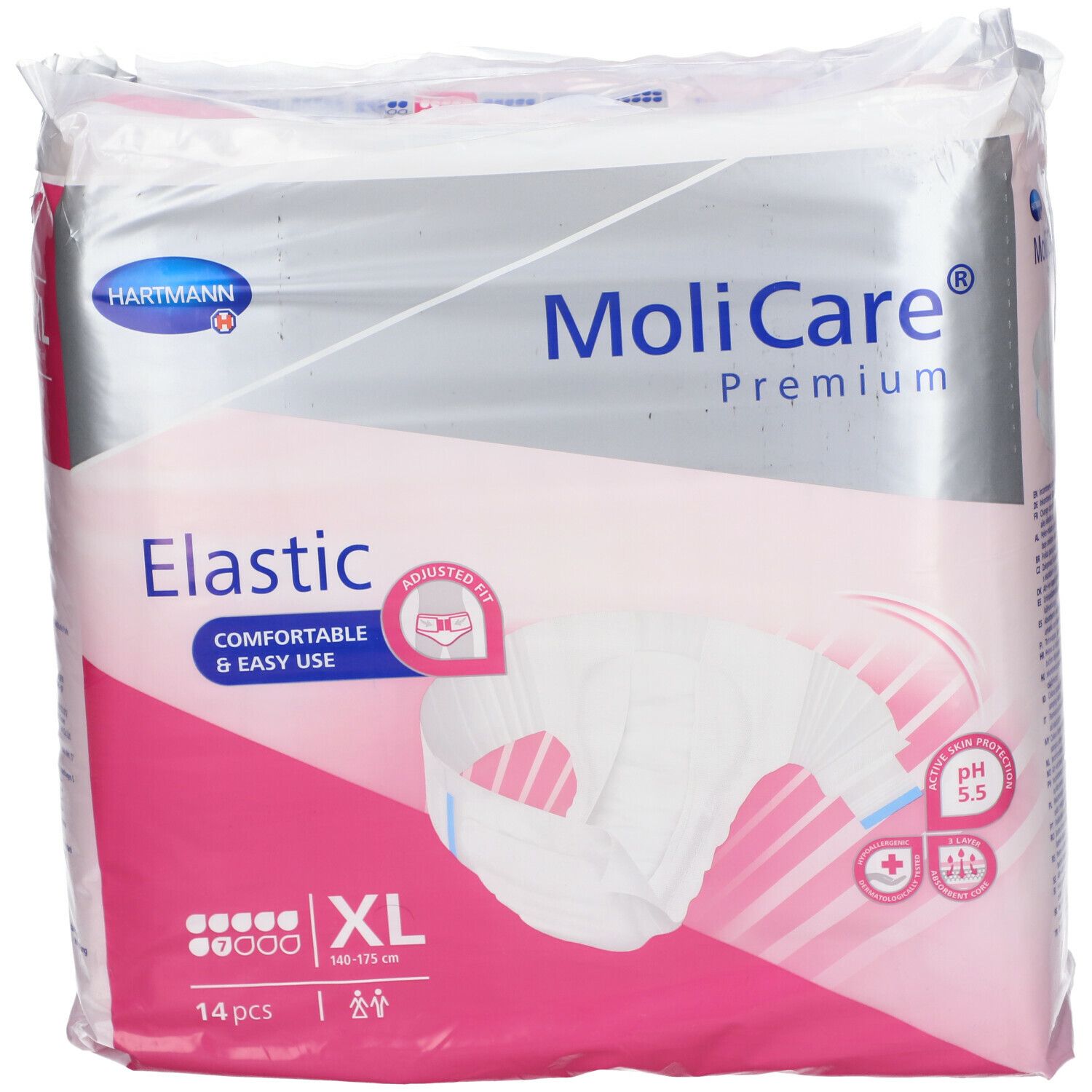 MoliCare Premium Elastic XL, 14 pièces. Emballage avec accents roses. Inscriptions : Elastic, pH 5.5, indication de taille, logo Hartmann.